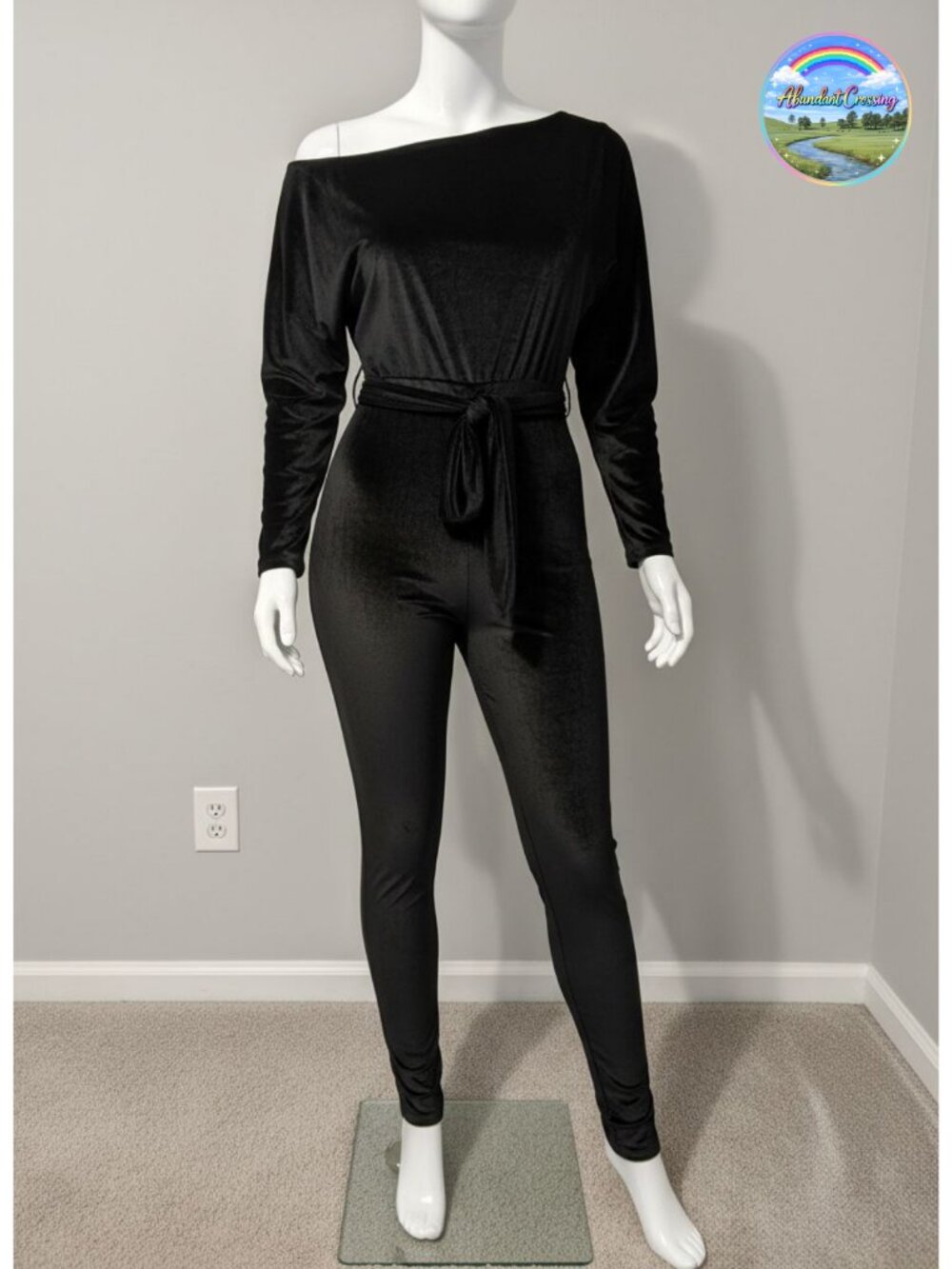 Off Shoulder Velvet Bodycon Jumpsuit with Belt Long Sleeve